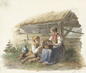 Chica y chico con una cesta de pajaritos de Maximilienne Guyon