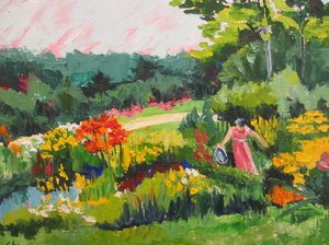 Mujer en un jardín lleno de color de Maxine Shore