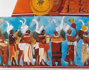 Reconstrucción de los frescos de Bonampak que muestran una procesión de músicos