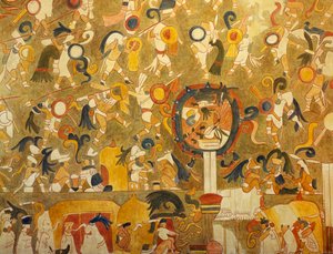 Reconstrucción de una pintura maya de Chichén Itzá (Yucatán, México) que representa una escena de batalla. Civilización maya.