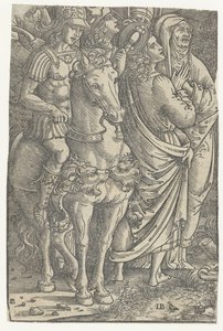 Fragmento de una Crucifixión con Juan el Evangelista y María y soldados de Meester IB met de vogel