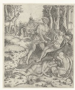 Priapus vergrijpt mismo aan la ninfa Lotis de Meester IB met de vogel