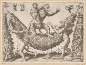 Putti burlándose de un mono Tapices del Papa (título de la serie) Tapezzerie de Papa (título de la serie sobre el objeto)
