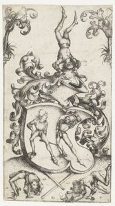 Escudo de armas con acróbatas y espadachines