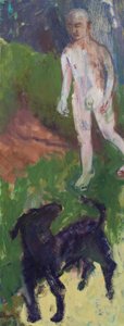 Hombre blanco que paseaba a un perro negro, 2016 (óleo sobre lienzo)