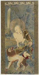 El hombre con el león. Pintura sobre seda de Meicho (1427-1532). de Meicho