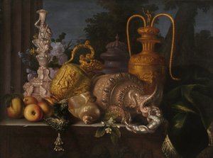 Naturaleza muerta, conchas y orfebre. Pintura de Meiffren Conte (1630-1705). Óleo sobre lienzo. Dimensiones: 91x121cm. Mención obligatoria: Colección fondation regards de Provence, Marsella