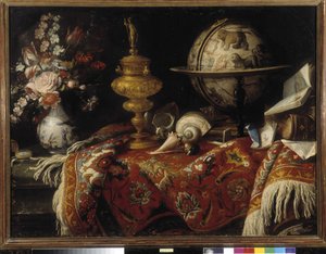 Jarrón de flores, globo astral, libros y orfebrería sobre una alfombra. Pintura de Meiffren Conte (o Conde) (1630-1705) Mención obligatoria: Colección fondation regards de Provence, Marsella (cm 92x121) de Meiffren (c.1630 1705) Conte