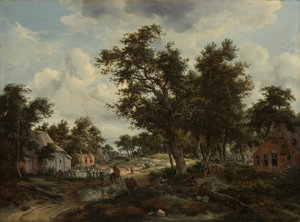 Paisaje boscoso con viajeros en un camino a través de una aldea, c.1665 de Meindert Hobbema