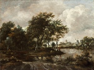 Paisaje con pescadores y una ciudad lejana de Meindert Hobbema