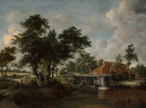 El molino de agua con el gran tejado rojo de Meindert Hobbema