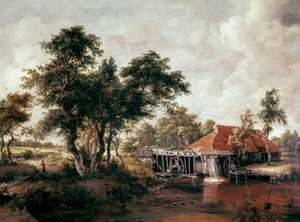 Molino de agua con gran techo rojo. Pintura de Meindert Hobbema de Meindert Hobbema