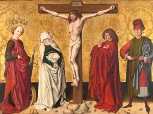 Cristo en la cruz entre St. María y Juan, Catalina y Sebastián de Meister von Großgmain