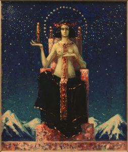 Figura femenina alegórica ante paisaje nocturno del Himalaya de Melchior Lechter