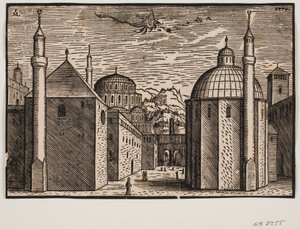 Tres mezquitas, cada una con un minarete; en el cielo un dragón volador con larga cola