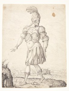 Un hombre con vestimenta romana, señalando una fuente de Melchior Lorck