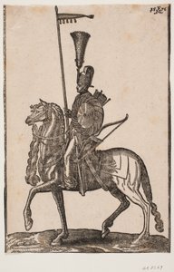 Soldado montado, perfil hacia la izquierda; lanza con banderín, arco al lado, escudo circular, carcaj; tocado con plumas de Melchior Lorck