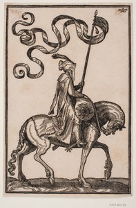 Portador de estandarte montado, perfil hacia la derecha; el estandarte es bifurcado, el jinete desarmado, en la parte delantera del caballo una bolsa de equipaje en forma de salchicha de Melchior Lorck