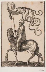 Portador de estandarte montado, perfil hacia la izquierda; el estandarte es de tres puntas y debajo cuelga una pluma; su espada está colocada entre su pierna izquierda y el flanco del caballo de Melchior Lorck
