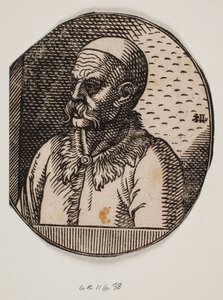 Busto de un hombre con barba y calota; perfil 3/4 hacia la izquierda de Melchior Lorck