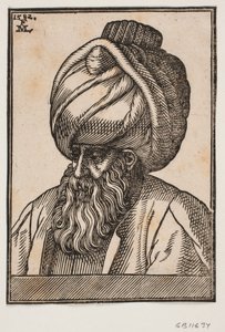 Busto de hombre con barba completa y turbante, perfil 3/4 hacia la izquierda de Melchior Lorck