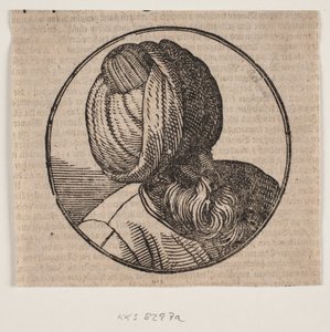 Medallón circular con el busto de un hombre con turbante y barba, visto diagonalmente desde arriba, perfil de 3/4 hacia la derecha de Melchior Lorck