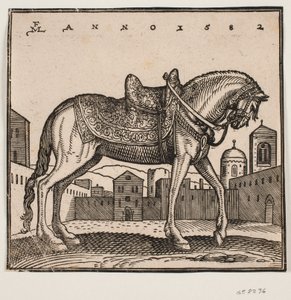 Caballo elegante ensillado, perfil hacia la derecha, en una plaza rectangular de Melchior Lorck