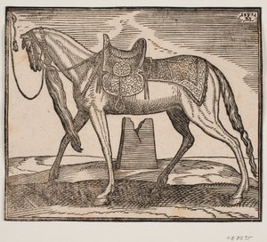 Caballo elegante ensillado, atado a la línea del marco izquierdo, perfil hacia la izquierda; bajo el vientre del caballo se ve una ruina de Melchior Lorck