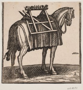 Un caballo de carga aún no cargado con un armazón en la espalda, visto en ángulo desde atrás hacia la derecha. de Melchior Lorck
