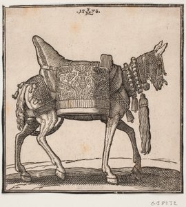 Un burro ricamente equipado, perfil hacia la derecha