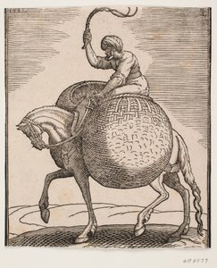 Caballo con jinete y dos cestas esféricas para transportar verduras de Melchior Lorck