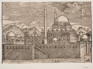 Imagen idealizada de la Mezquita Bayazidiye, vista desde el sureste de Melchior Lorck