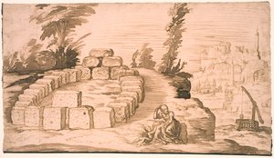 Paisaje con un círculo de piedras y una anciana con un niño de Melchior Lorck