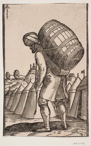 Hombre cargando un barril en la espalda, en un campamento de Melchior Lorck