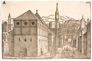 Mezquita con un minarete independiente con escalera exterior de Melchior Lorck