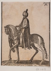 Hombre mayor montado, con un garrote a su lado, perfil hacia la izquierda; debajo del cuello del caballo, cuelga una cola de caballo o de buey como signo de su estatus digno de Melchior Lorck