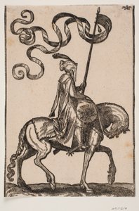 Portaestandarte montado, perfil hacia la derecha; el estandarte es de dos colas; el jinete está desarmado; en la parte delantera del caballo, hay un saco en forma de salchicha para llevar equipaje de Melchior Lorck