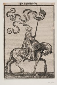 Portaestandarte montado, perfil hacia la derecha; el estandarte es de dos colas; el jinete está desarmado; en la espalda del caballo frente a él, hay un saco en forma de salchicha para llevar equipaje de Melchior Lorck