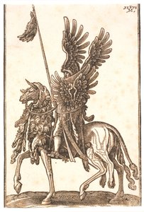 Soldado a caballo ricamente equipado con alas de águila en el escudo, casco y lanza. La parte delantera de su caballo está cubierta por una piel de león de Melchior Lorck
