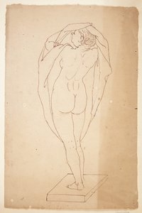 Mujer desnuda de espaldas con tela en el regazo de Melchior Lorck