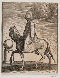 Jinete vestido con abrigo largo y tocado parecido a una calabaza, perfil hacia la izquierda; bajo la capa se vislumbra una espada; detrás de las patas delanteras del caballo se ve un pedestal cilíndrico que sostiene una esfera de Melchior Lorck