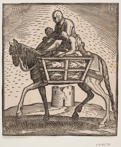 Jinete con capucha sobre el rostro; a cada lado del caballo una caja de barrotes con una persona dentro; perfil hacia la izquierda; bajo el caballo se ve una torre cilíndrica en ruinas de Melchior Lorck