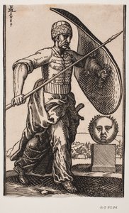 Soldado caminando hacia la derecha; en el brazo izquierdo un escudo curvo, en la mano derecha una lanza; a la derecha un pedestal con una cabeza esférica, vista frontalmente; en la distancia detrás de la cabeza una ciudad junto al agua de Melchior Lorck