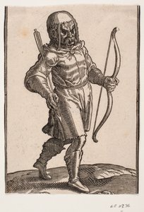 Soldado caminando hacia la derecha; botas y traje corto; en la mano izquierda un arco, en la derecha una flecha de Melchior Lorck