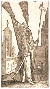 Soldado de pie con un escudo decorado con alas de águila y un casco adornado con una gran pluma de Melchior Lorck