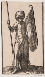 Soldado con turbante de pie, visto desde el frente; en su mano derecha, una lanza; en su brazo izquierdo, un escudo curvo de Melchior Lorck