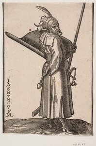 Soldado de pie (akinci), perfil hacia la derecha; en la mano derecha una maza de combate, en la mano izquierda una lanza, cuya punta está fuera de la línea superior del marco; en el brazo izquierdo un escudo con el interior hacia arriba, al lado izquierdo  de Melchior Lorck