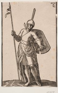 Soldado de pie, visto de frente; tocado con una parte superior alta y delgada; en la mano derecha una lanza, en el brazo izquierdo un escudo visto desde adentro de Melchior Lorck