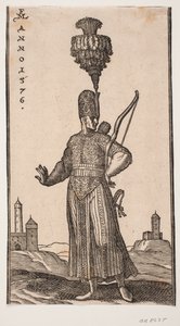 Soldado de pie, visto de frente, con la cabeza girada hacia la derecha; lleva un arco sobre su brazo izquierdo, un carcaj en la espalda y una espada en su lado izquierdo; estira coquetamente su brazo derecho hacia atrás; en el fondo, a la derecha e izquier de Melchior Lorck