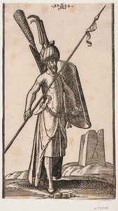 Soldado de pie con escudo curvo en la mano izquierda y una lanza en la mano derecha; espada en su lado izquierdo, una daga en el cinturón; al fondo a la derecha, la ruina de un obelisco o una torre con base cuadrada de Melchior Lorck